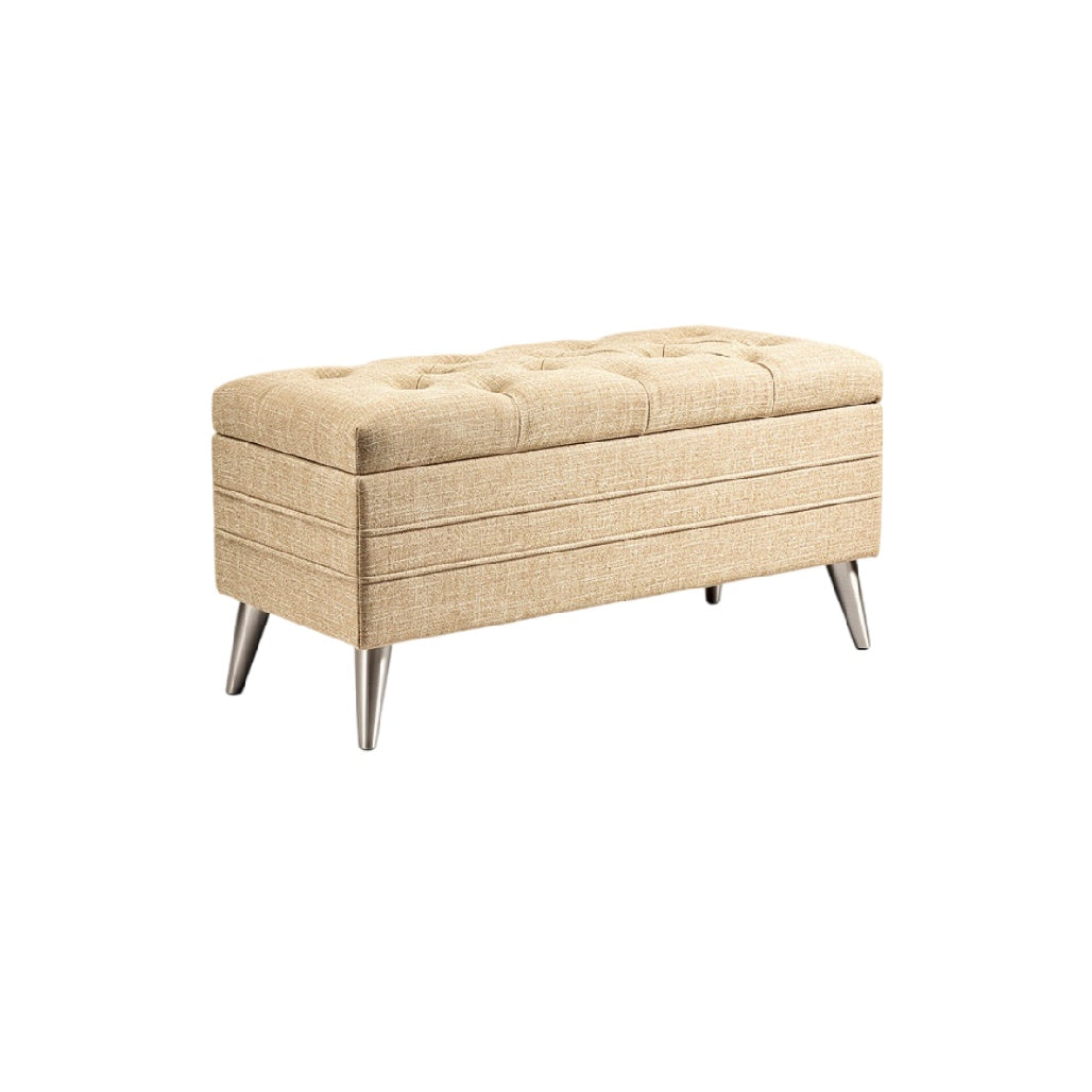 **Banc de rangement en tissu beige avec pieds en métal**